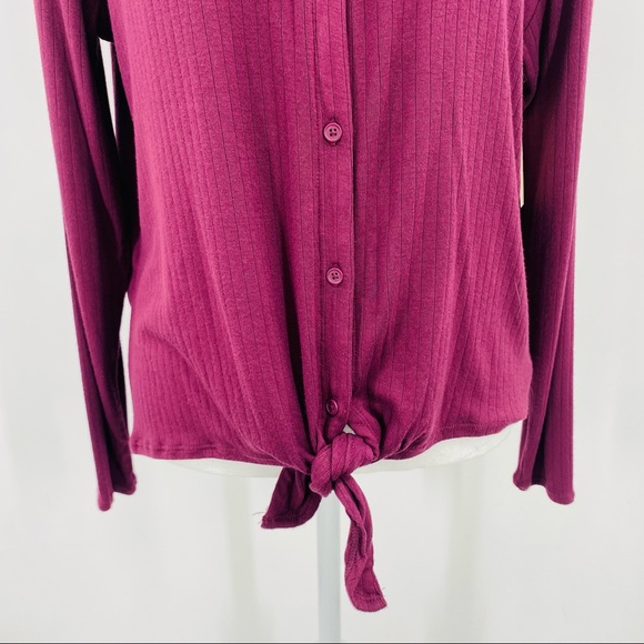 14th & Union Long Sleeve Top Ribbed Burgundy Fig Button Tie Front Medium P - Picture 3 of 9